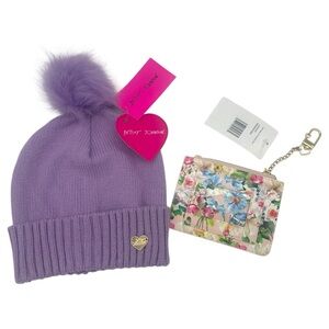 Betsey Johnson Floral Wallet with Key Chain & Lavender Winter Knit Hat